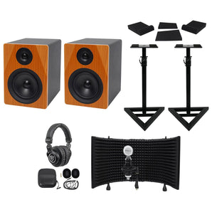 2 Rockville DPM5C 5.25" 300w Active Studio Monitors+Stands+Headphones+Mic+Shield