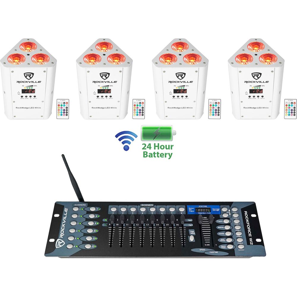 (4) RockWedge LED White Battery Lights+Wireless DMX Controller