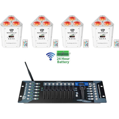 (4) RockWedge LED White Battery Lights+Wireless DMX Controller