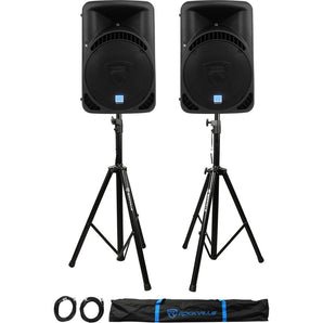 (2) Rockville RPG15BT 15" 2000w Powered BlueTooth/USB DJ Speakers+Stands+Cables