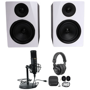 Rockville Recording Bundle w/(2) 6.5" White Studio Monitors+USB Mic+Headphones