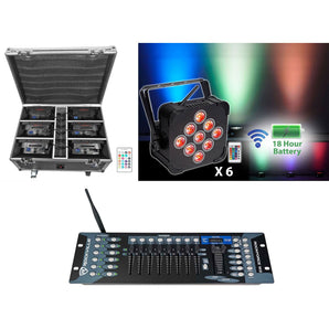 Rockville BEST PACK 60 6) Black Rechargeable Lights+Case+Wireless DMX Controller