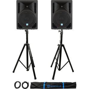 (2) Rockville RPG10BT 10" 1200w Powered BlueTooth/USB DJ Speakers+Stands+Cables