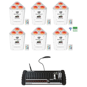 (6) Rockville RockWedge White LED Battery Lights+384 Ch. Wireless DMX Controller