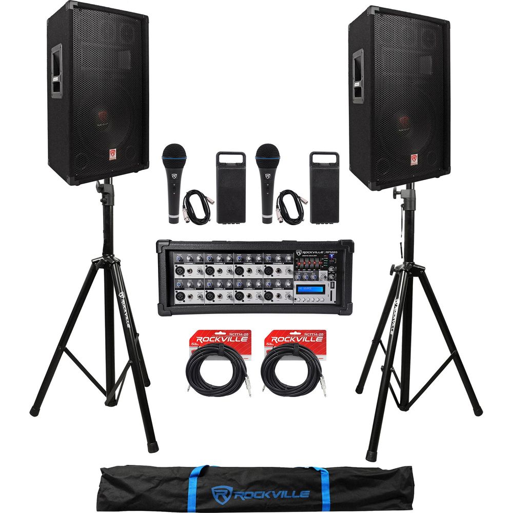RSG12.4 12" Speakers 2-Pack + RPM85 Mixer, Mics, Stands Bundle