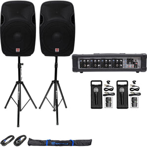 (2) Rockville SPGN158 15" Passive 3200w DJ PA Speakers+Powered Mixer+Mics+Stands