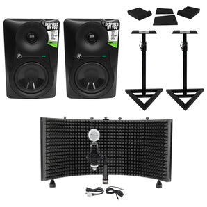 (2) Mackie MR524 5” 50w Powered Studio Monitors+Condenser Mic+Stands+Pads+Shield