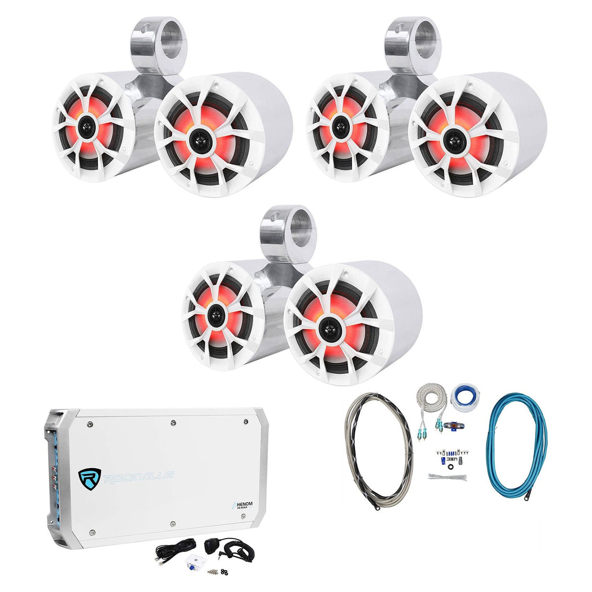 (3) RKL65MBW Dual 6.5" Marine Wakeboard LED Speakers+Amplifier+Amp Kit