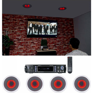Rockville Home Theater Bluetooth Receiver+(4) In-Ceiling 8" Red LED Speakers