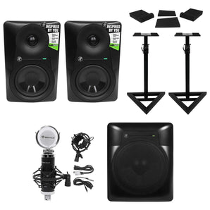 (2) Mackie MR524 5” Powered Studio Monitors+10" Active Sub+Mic+Mount+Stands+Pads