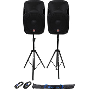 2 Rockville SPGN158 15" Passive 1600W ABS Plastic PA Speakers+Stands+Cables+Bags