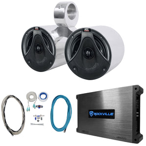 MTX Dual 6.5" 150w Silver Marine Boat Wakeboard Tower Speakers+Amplifier+Wires