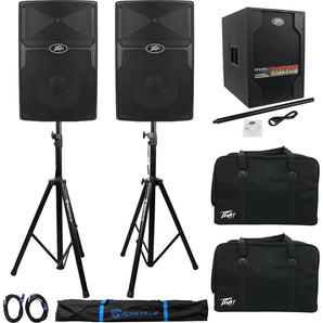 2) Passive Peavey PVX12 12" 1600W Speakers+Active 15" Sub+2 Stands+Cables+2 Bags