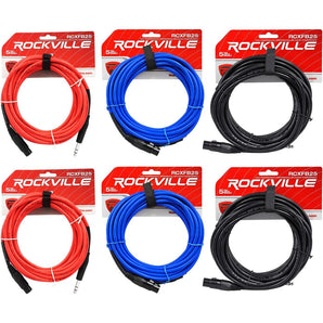 6 Rockville 25' Female Rean XLR to 1/4'' TRS  Cables (3 Colors x 2 of Each)