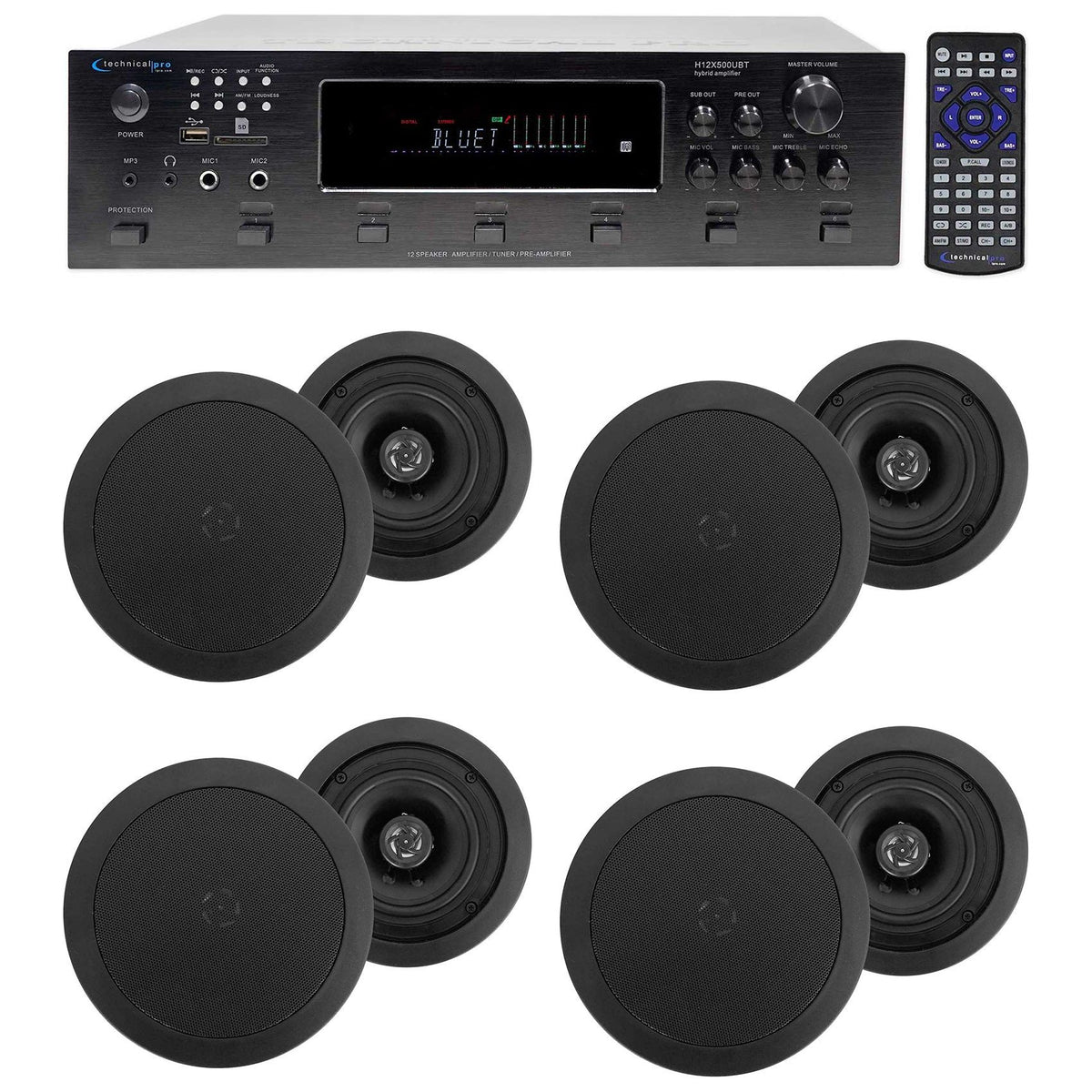 6000W Bluetooth Receiver with (8) 5.25" Black Ceiling Speakers