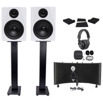 (2) DPM5W 5.25" 300W Active Studio Monitors + Stands + Headphones + Mic + Shield