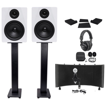 (2) DPM5W 5.25" 300W Active Studio Monitors + Stands + Headphones + Mic + Shield