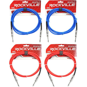 4 Rockville 6'  1/4" TS to 1/4'' TS Guitar/Instrument Cable (2 Red and 2 Blue)