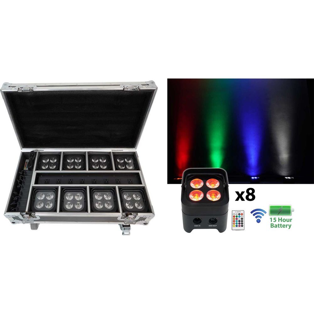 Rockville Best Pack 50 (8) Black Battery Wash Lights+Wireless DMX+Charging Case