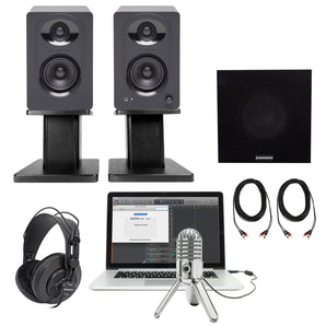 2) Samson Podcasting Podcast Recording Monitors+Stands+Sub+Headphones+Meteor Mic