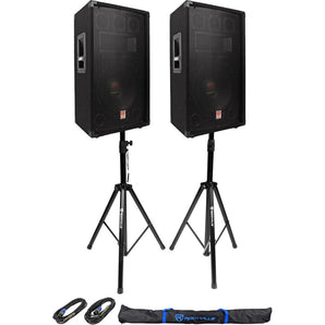 2) Rockville RSG12.4 12” 3-Way 1000w 4-Ohm Passive DJ Speakers+Stands+Cables+Bag