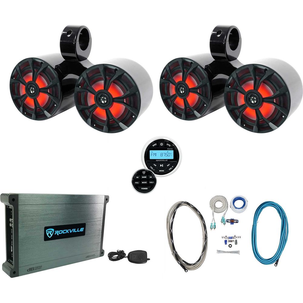 (4) RKL65MBW 6.5" Marine Dual Wakeboard Tower LED Speakers+Amp+Receiver