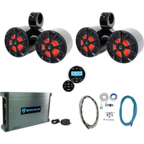 (4) RKL65MBW 6.5" Marine Dual Wakeboard Tower LED Speakers+Amp+Receiver