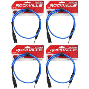 4 Rockville RCXMB3-BL Blue 3' Male REAN XLR to 1/4'' TRS Balanced Cables