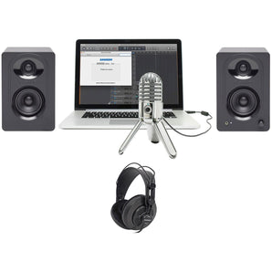 Samson Podcast Podcasting Microphone+Studio Headphones+Pair Monitor Speakers