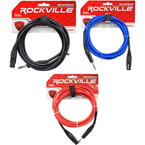 3 Rockville 10' Female Rean XLR to 1/4'' TRS Cables (3 Colors)