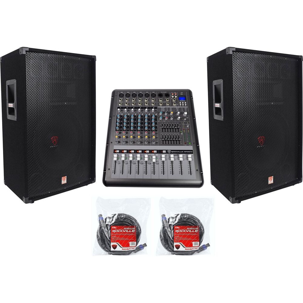 RSG15 Speakers 2-Pack + RPM870 Powered Mixer + 50' Cables Bundle