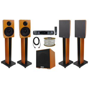 Rockville Bluetooth Home Receiver+(4) 6.5" Wood Bookshelf Speakers+Stands+Sub + Rockville R14GSBR100 Red/Blk 14 Gauge 100' Ft. Mini Spool Car Audio Speaker Wire