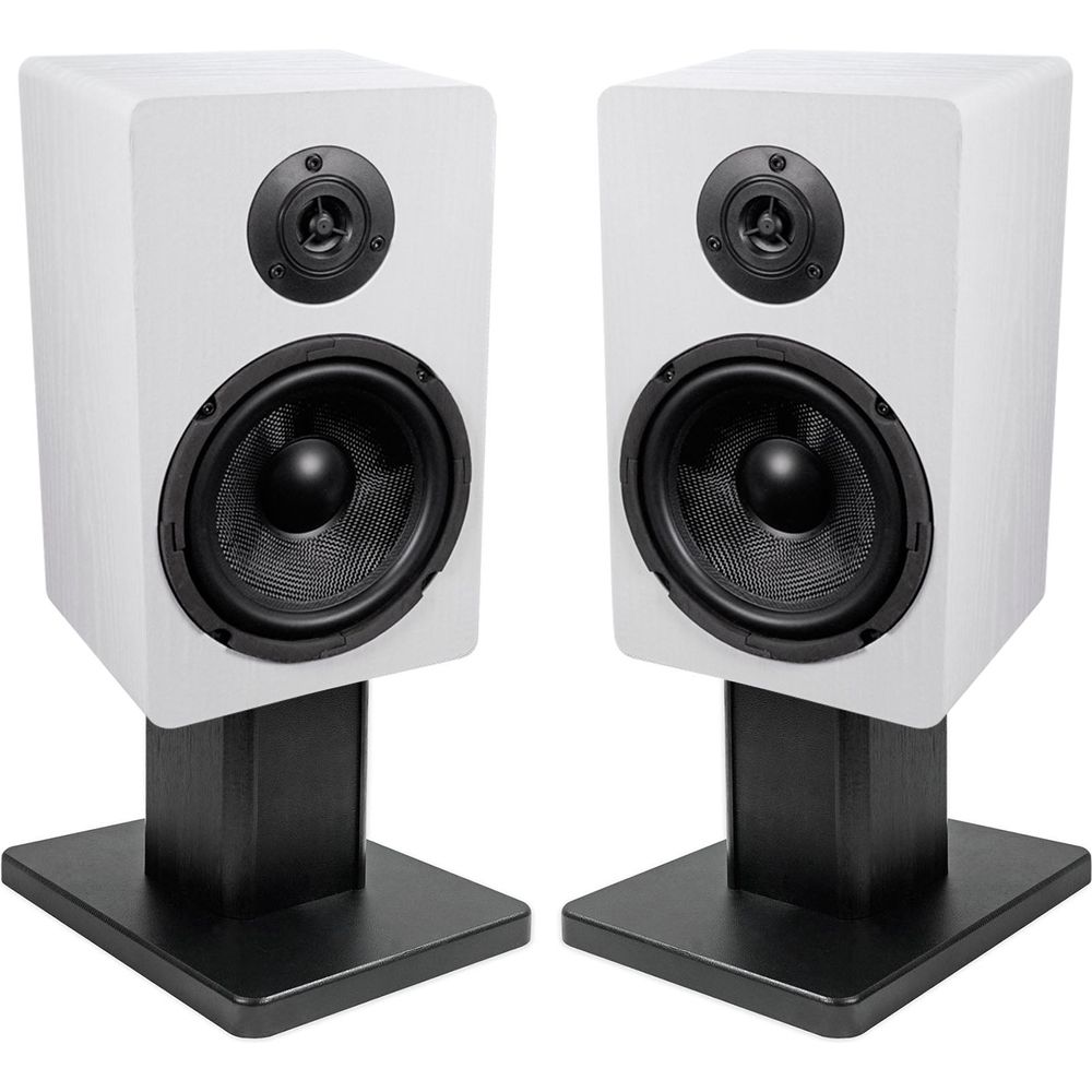 RockShelf 68W White 6.5" Home Bookshelf Speakers + 8" Desktop Stands
