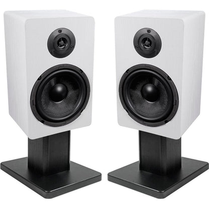 RockShelf 68W White 6.5" Home Bookshelf Speakers + 8" Desktop Stands