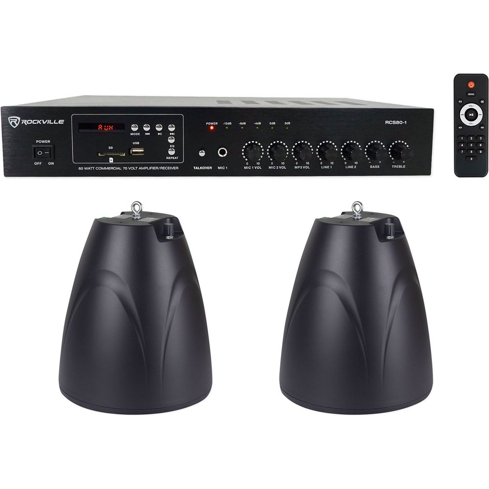 RCS80-1 60W Amp 2-Pack + PEN-65T Black Pendant Speakers Bundle