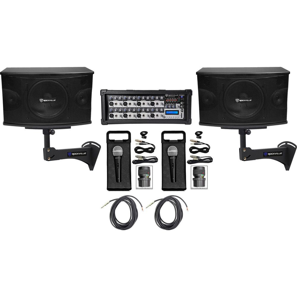 KPS10 10" 3-Way 1200W Karaoke Speakers+Mixer+Wall Brackets+(2) Mics