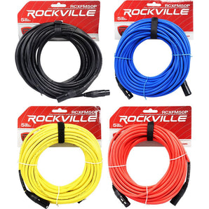 4 Rockville 50' Female to Male REAN XLR Mic Cable 100% Copper (4 Colors)