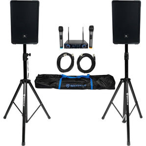 2 JBL IRX112BT 12" 1300w Powered DJ Portable PA Speakers w/Bluetooth+Stands+Mics