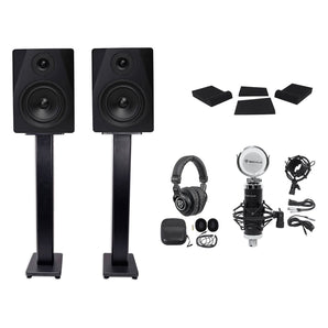 2) Rockville DPM5B 5.25" 300w Dual Active Studio Monitors+Stands+Pads+Headphones