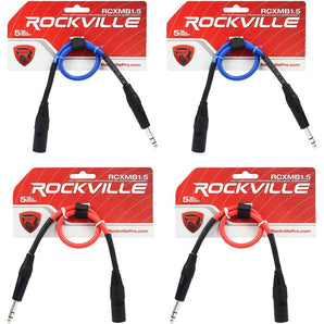 4 Rockville 1.5' Male REAN XLR to 1/4'' TRS Cable (2 Red and 2 Blue)