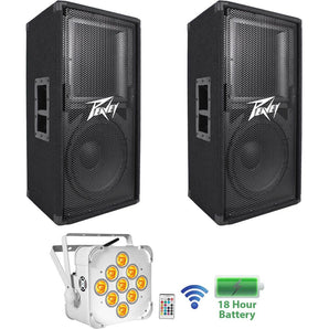 2) Peavey PV112 12" 800w DJ PA Speakers+White Wireless Battery Powered Par Light