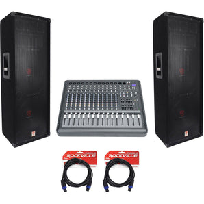 (2) Rockville RSG12.24 Dual 12” 2000w 3-Way DJ/Pro PA Speakers+14-Ch Mixer w/USB