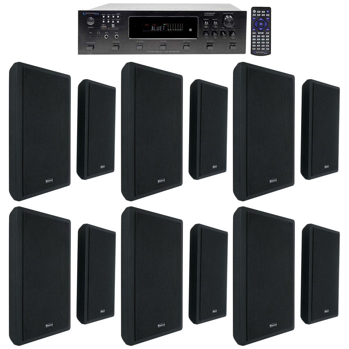 H12X500UBT 6-Zone Receiver + (12) Black Slim Wall Speakers