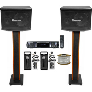 (2) Rockville KPS65 400w Karaoke/Pro Speakers+Bluetooth Amp+36" Stands+(2) Mics + Rockville R14GSBR100 Red/Blk 14 Gauge 100' Ft. Mini Spool Car Audio Speaker Wire