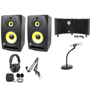 (2) Rockville DPM10B 10" 800w Active Studio Monitors+Headphones+Mic+Shield w/ Boom