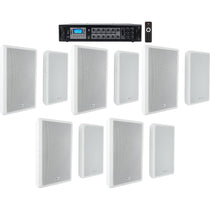6-Zone 70v Amplifier+(10) Slim White Restaurant/Bar/Cafe Wall Speakers