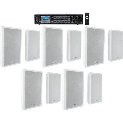 6-Zone 70v Amplifier+(10) Slim White Restaurant/Bar/Cafe Wall Speakers