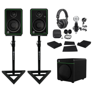 Studio Bundle (2) Mackie CR3-XBT 3" Studio Monitors+8" Sub+Headphones+Mic+Stands