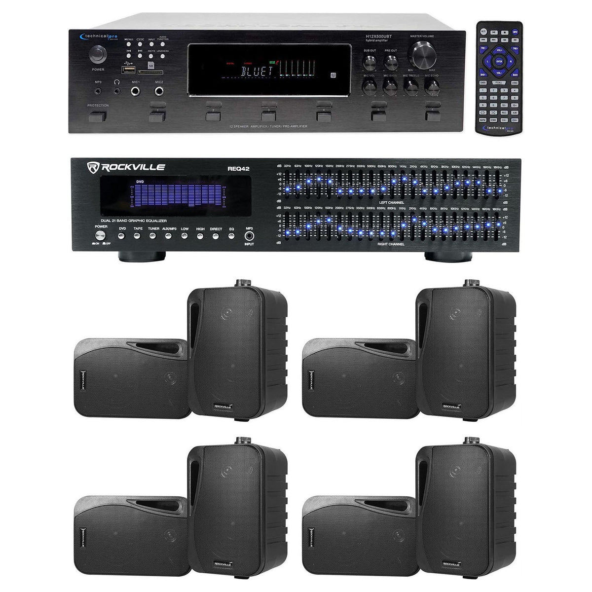 6-Zone Receiver with (4) Pairs of Black 4" Indoor/Outdoor Speakers, Commercial Package