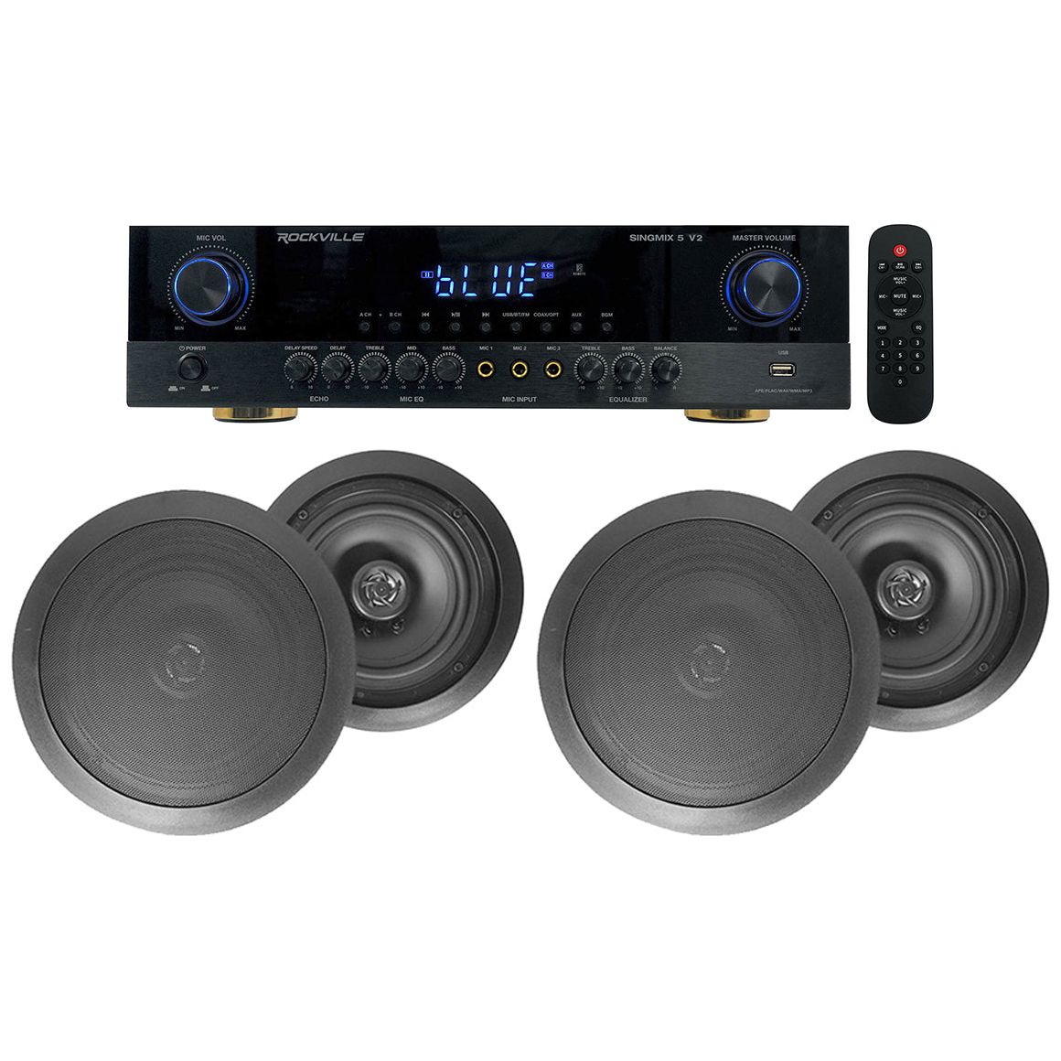 Rockville SINGMIX 5 Bluetooth Home Receiver Amp+(4) 8" Black Ceiling Speakers